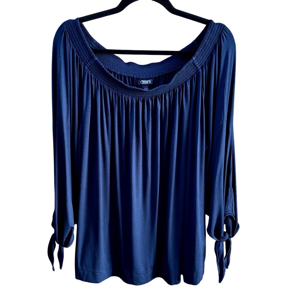 Chaps Women 2X Navy Blue Smocked Off Shoulder Tie Sleeve Peasant Blouse Top